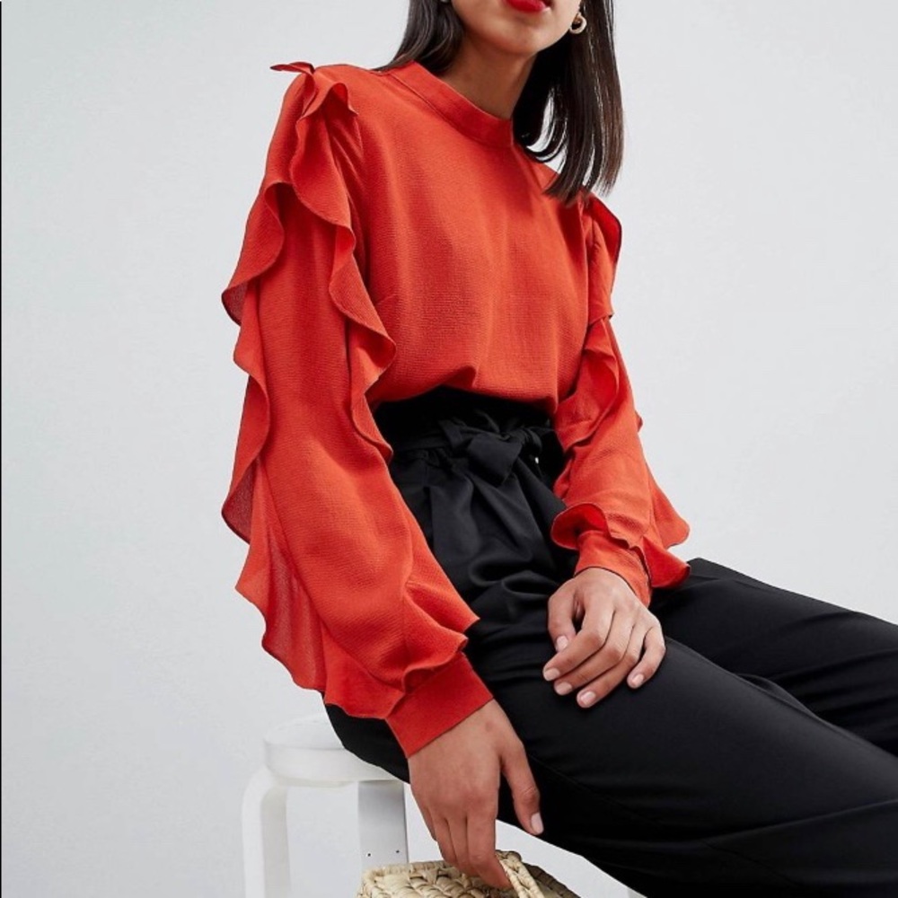 Red Ruffle Sleeve Blouse